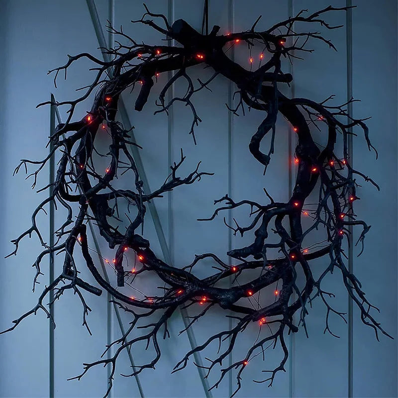 Wreath Decoration for Front Door LED Lights Glitter Black Branch Halloween Decorations Scary Home Indoor Outdoor Party Decor