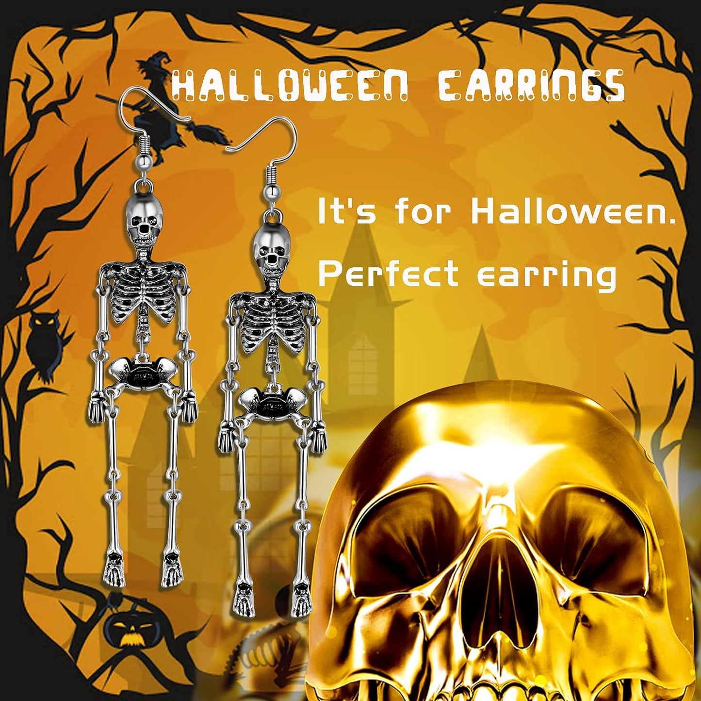 Skull Dangle Earrings Halloween - Women Jointed Skeleton Long Ear Drop Earrings Stud Halloween Costume Accessories Goth Punk Edgy Dangly Hip Hop Rock Ear Piercing Skull Jewelry for Women Men