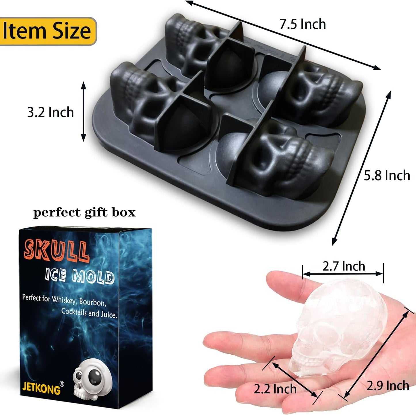 Large Skull Ice Mold 4 Cavity Silicone Skull Ice Maker Skull Ice Cube Tray for Whiskey, Bourbon, Cocktails and Juice