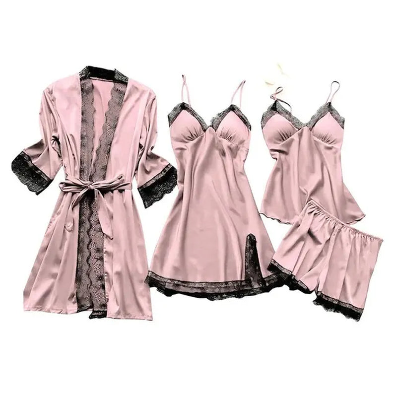 4PCS Sleepwear Pajamas Set Silk Women Nightdress Lace Dress Robe Sleep Nightwear Silk Solid Color Pijama Sets