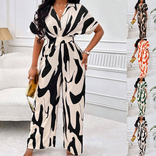 V-Neck Loose Printed Long Jumpsuit