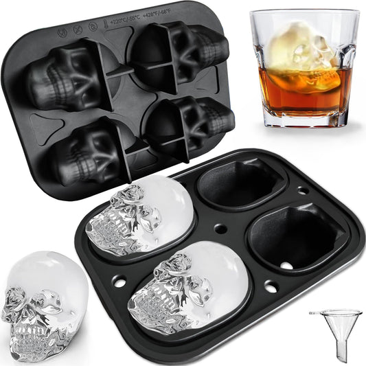 Large Skull Ice Mold 4 Cavity Silicone Skull Ice Maker Skull Ice Cube Tray for Whiskey, Bourbon, Cocktails and Juice