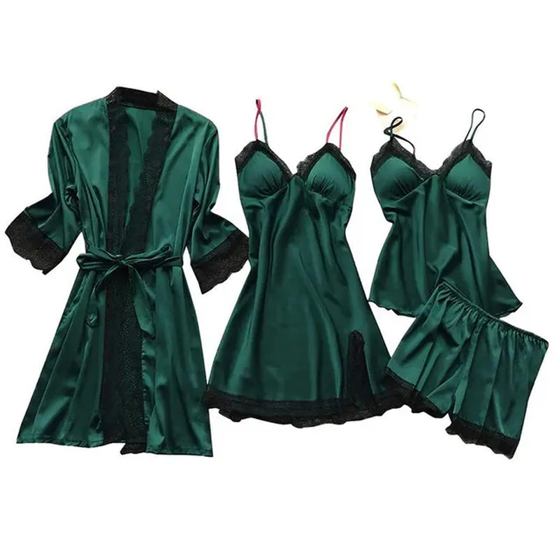 4PCS Sleepwear Pajamas Set Silk Women Nightdress Lace Dress Robe Sleep Nightwear Silk Solid Color Pijama Sets