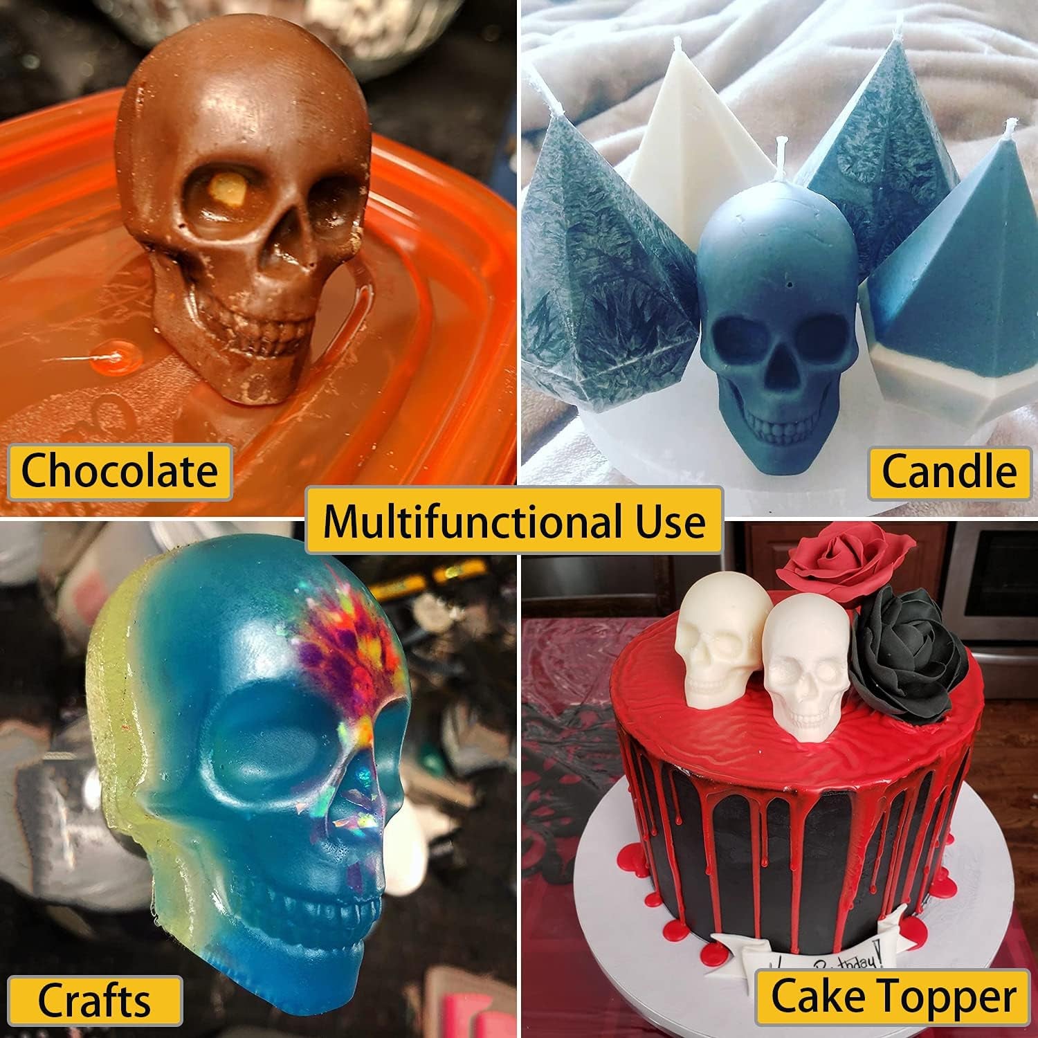 Large Skull Ice Mold 4 Cavity Silicone Skull Ice Maker Skull Ice Cube Tray for Whiskey, Bourbon, Cocktails and Juice